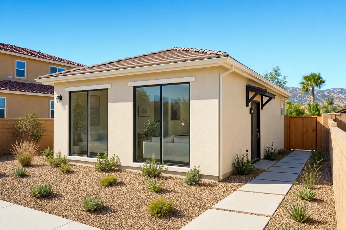 Completed Menifee garage conversion ADU with cream stucco, two large picture windows replacing the garage door, and a side entry with awning.